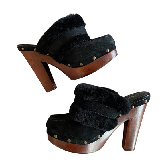 LAUREN RALPH LAUREN Woman's Size 6.5 Black Suede Faux Fur 5" Heel Platform Clogs - Picture 6 of 12